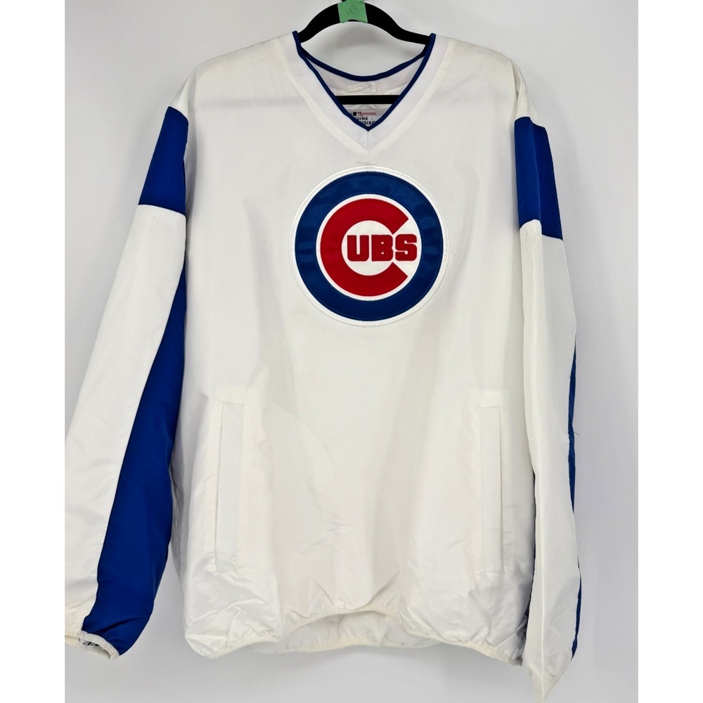 Chicago Cubs MLB Pullover Windbreaker Jacket White Blue V Neck Lightweight Fan G